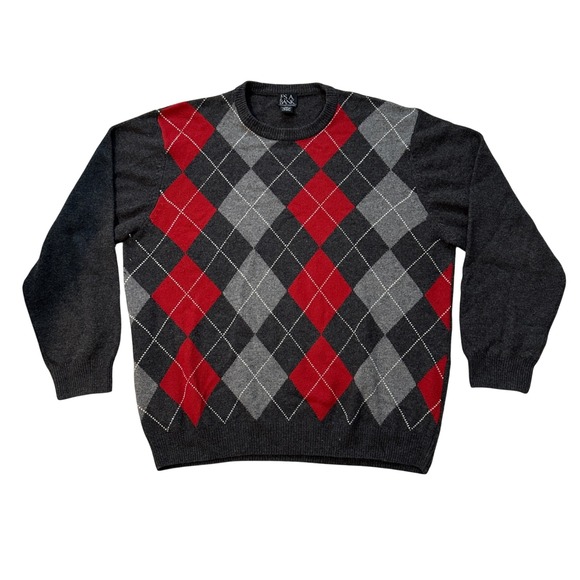 Jos.A. Bank Argyle Sweater Crewneck Lambswool Blend Classic Fit Gray Red Men XXL - Picture 1 of 10